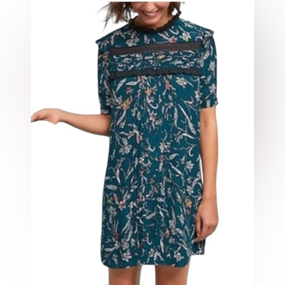 VINEET BAHL ANTHROPOLOGIE INES TEAL FLORAL LACE TRIM SHIFT DRESS WOMENS MEDIUM